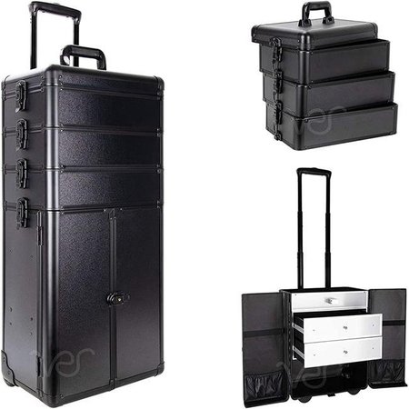 VER Ver VT007-22 Professional Rolling Aluminum Cosmetic Makeup Case French Door Opening with Large Drawers & Stackable Trays with Dividers; Black Matte VT007-22